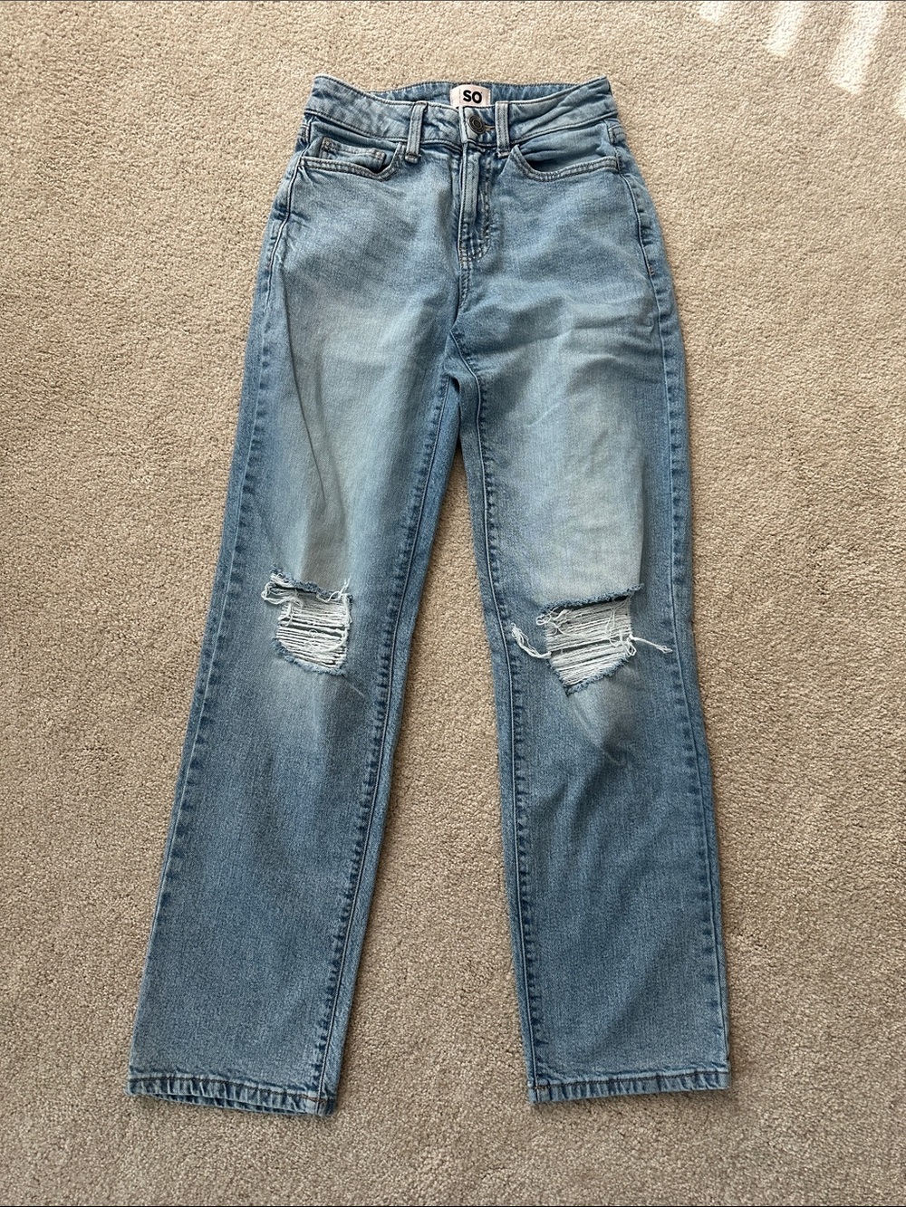 SO Light Blue Distressed High-Rise Straight Jeans